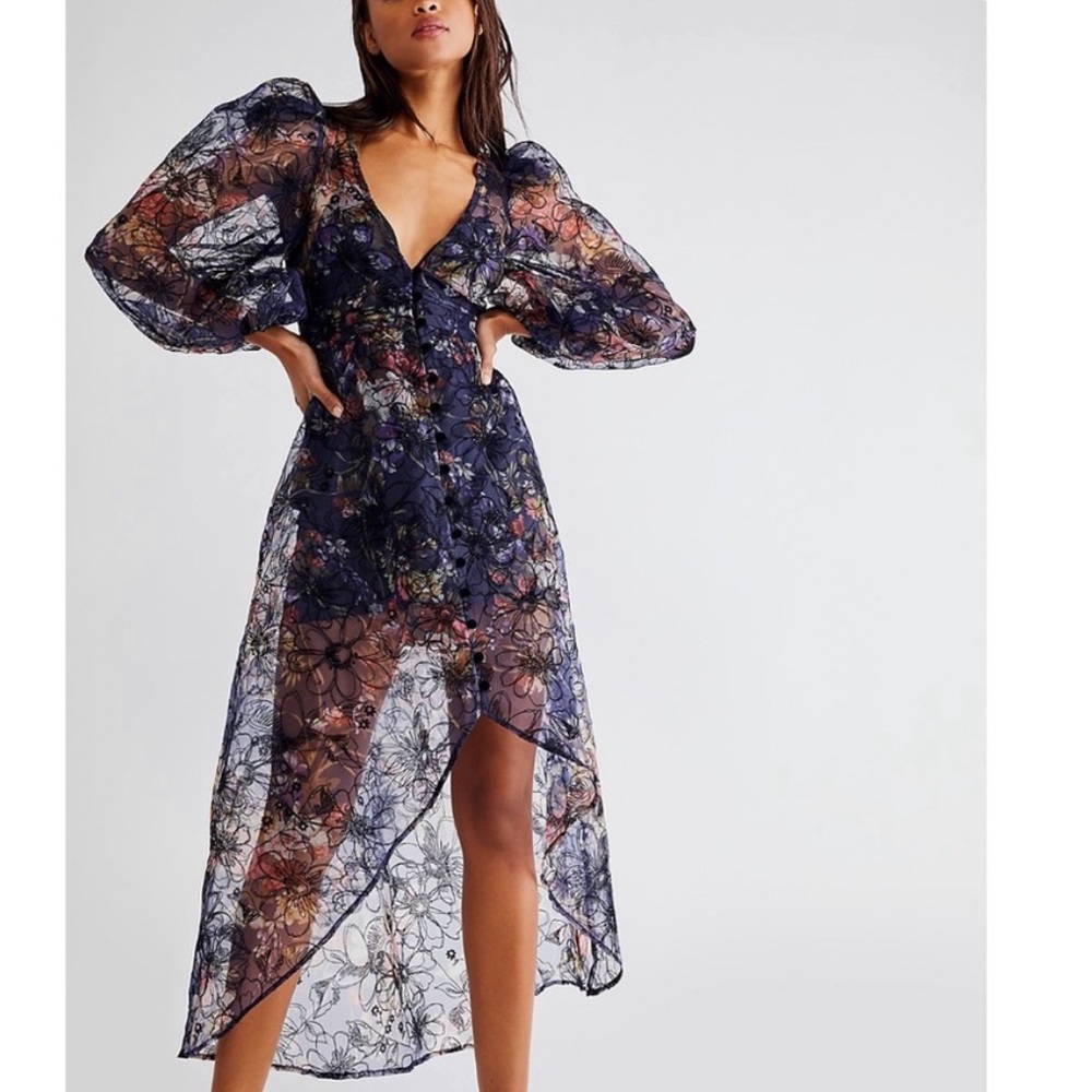 Free People x For Love & Lemons Sophia Sheer Puff Sleeve Midi Dress